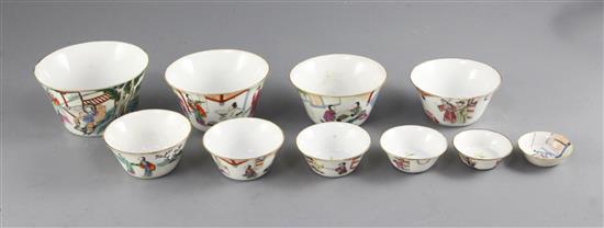 A rare and complete set of ten Chinese famille rose nesting cups, Daoguang period, graduating from 4.5cm - 11cm, largest cup with short